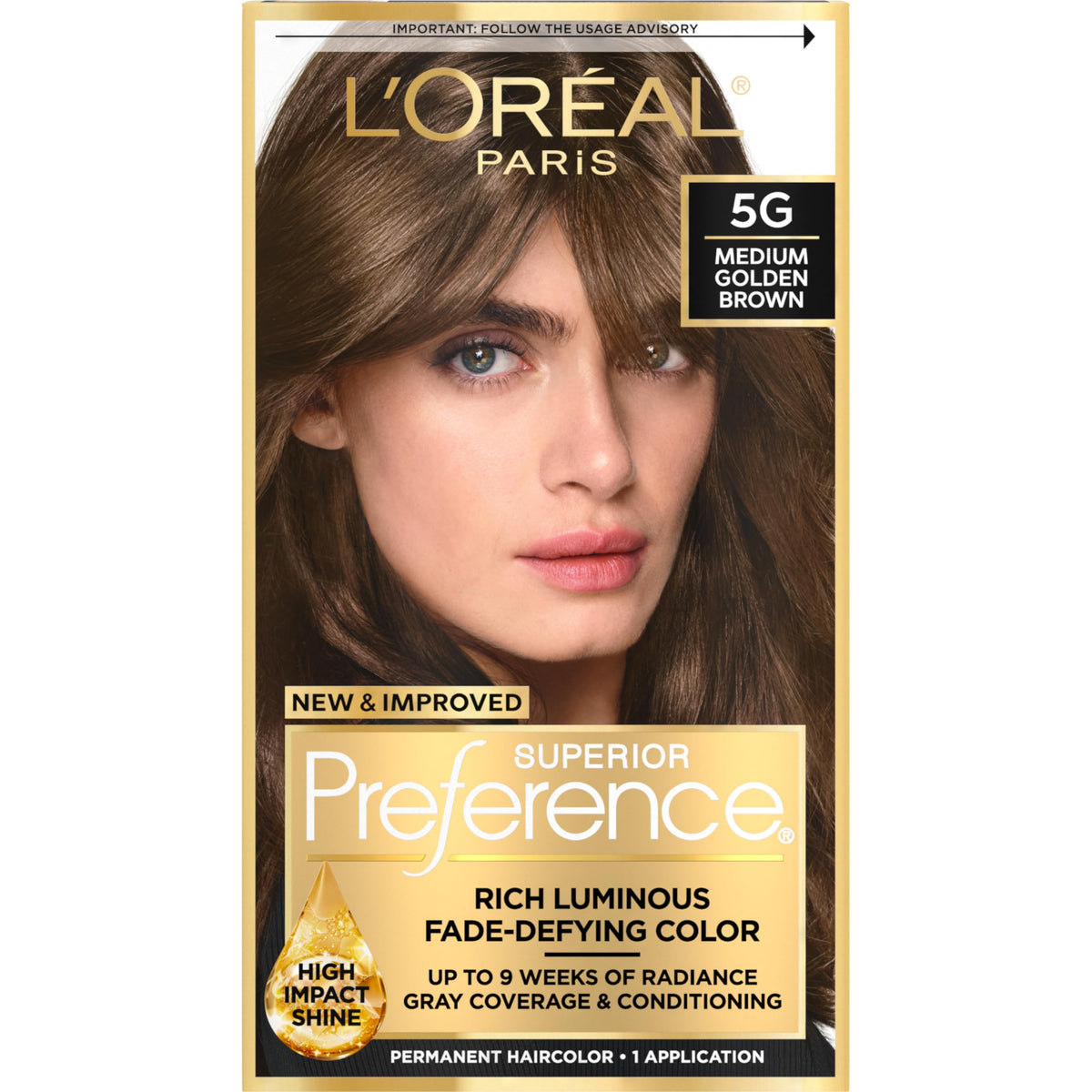 L'Oreal Paris Superior Preference 5G medium golden brown shade swatch with radiant finish.