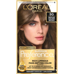 L'Oreal Paris Superior Preference 5G medium golden brown shade swatch with radiant finish.