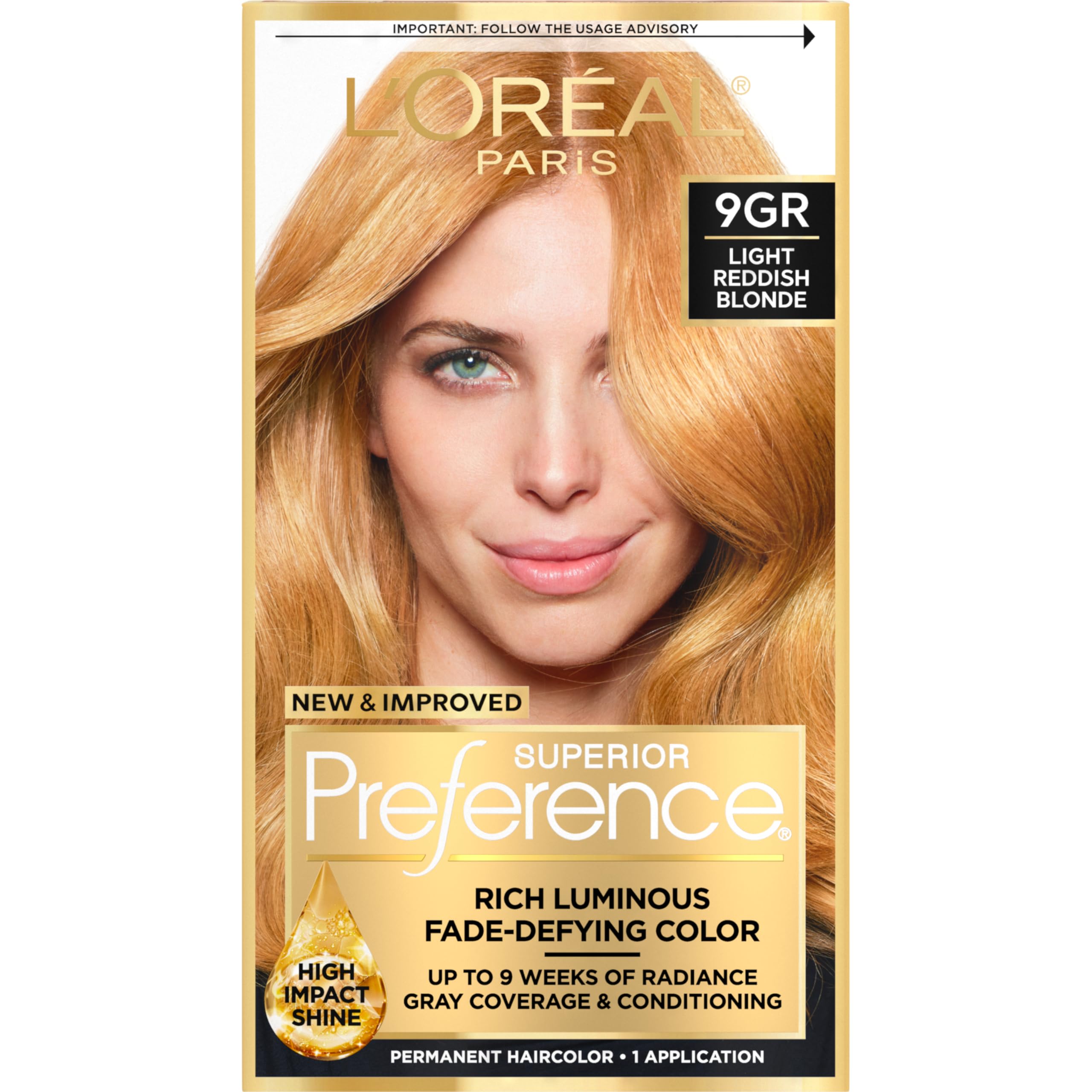 L'Oreal Paris Superior Preference 9GR color gel for a vivid, fade-defying blonde.
