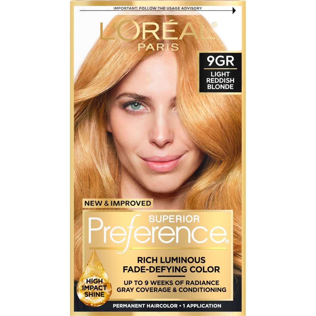 L'Oreal Paris Superior Preference 9GR color gel for a vivid, fade-defying blonde.
