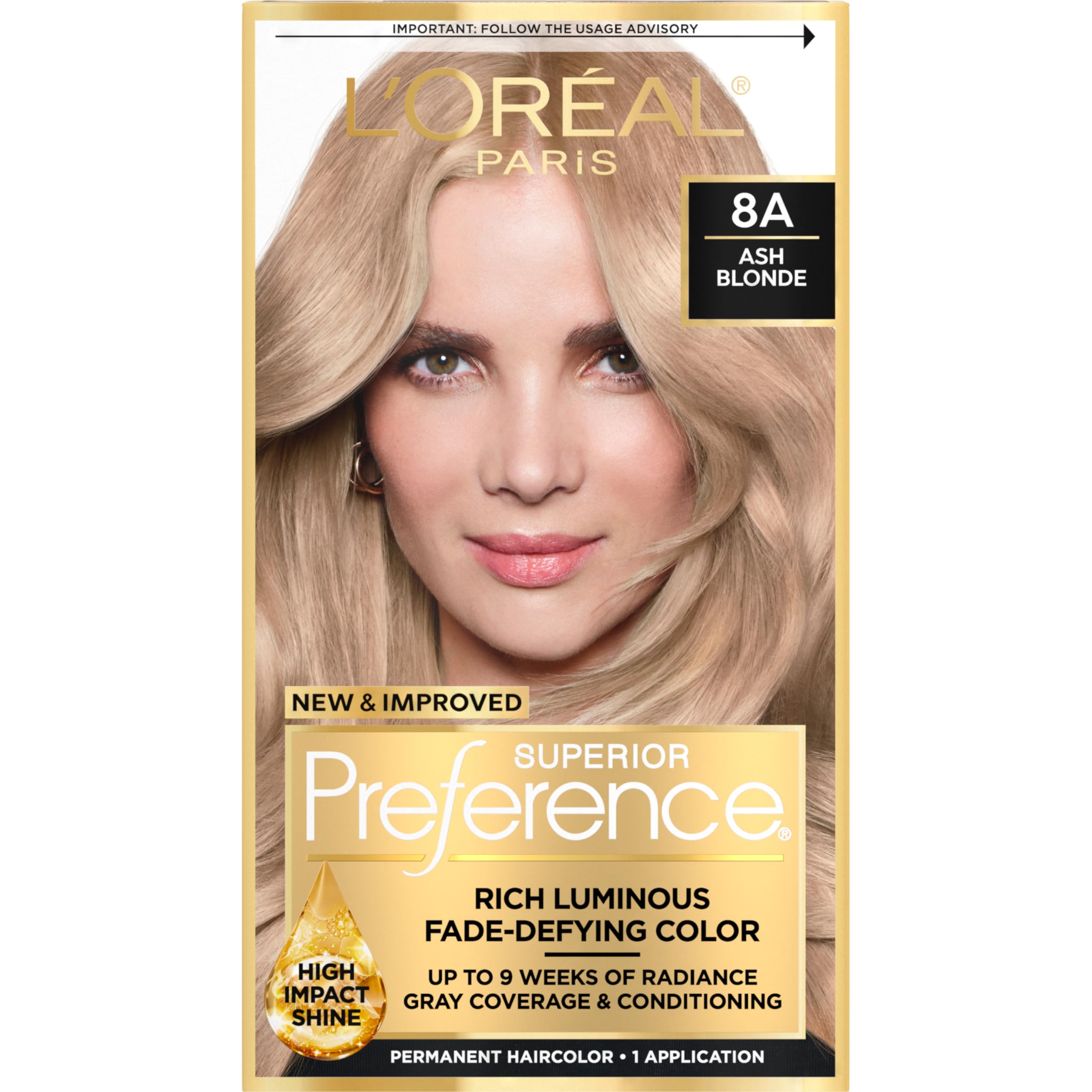 L'Oreal Paris Superior Preference ash blonde 8A bottle shows fade-defying shade and luminous shine.