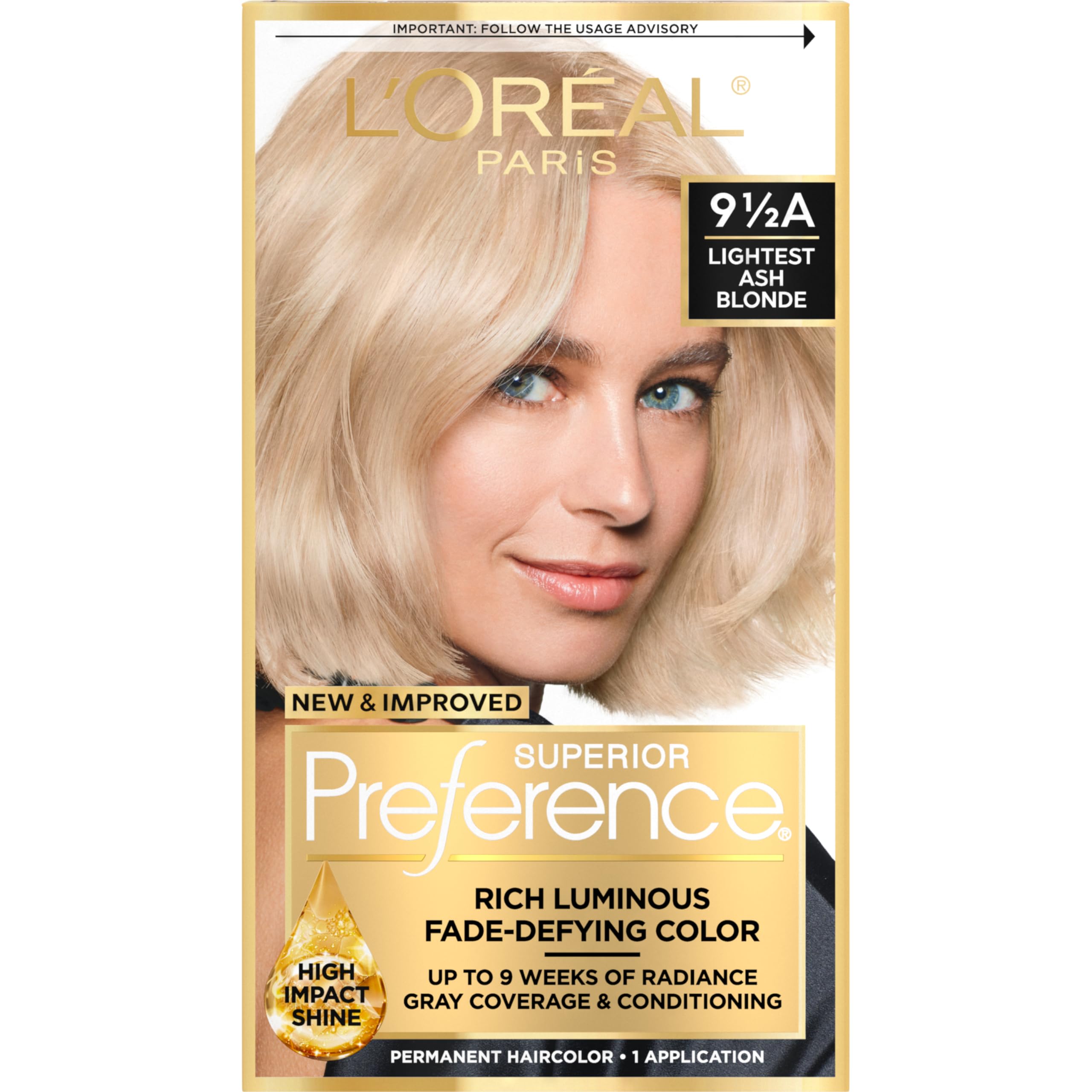 L'Oreal Paris Superior Preference bottle with ash blonde color swatch for radiant fade-defying shine.