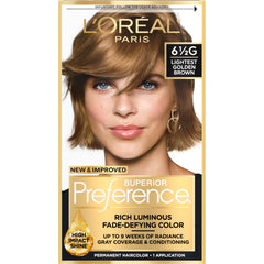 L'Oreal Paris Superior Preference box shows 6.5G light golden brown shade.