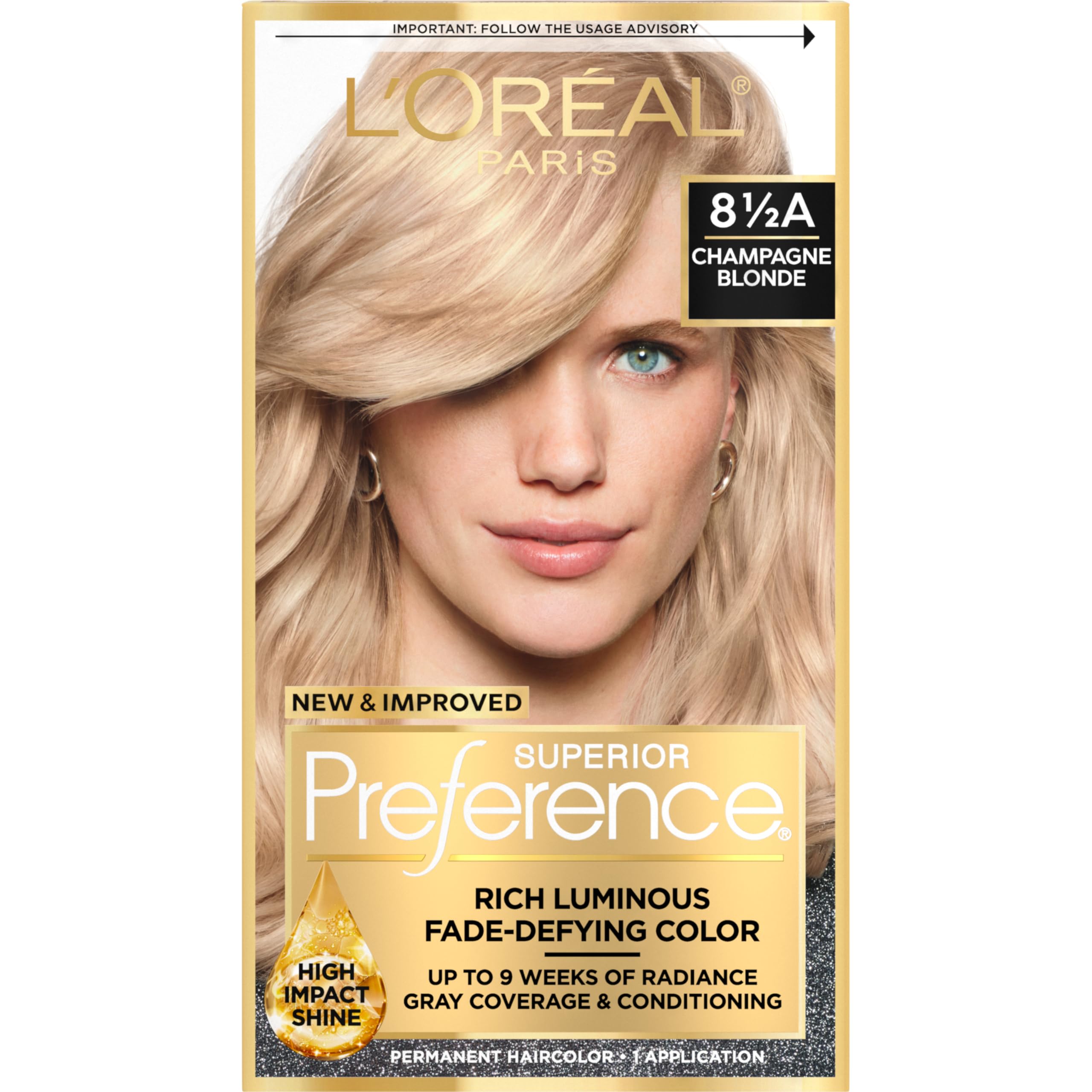 L'Oreal Paris Superior Preference Champagne Blonde 8.5A box shown for fade-defying color