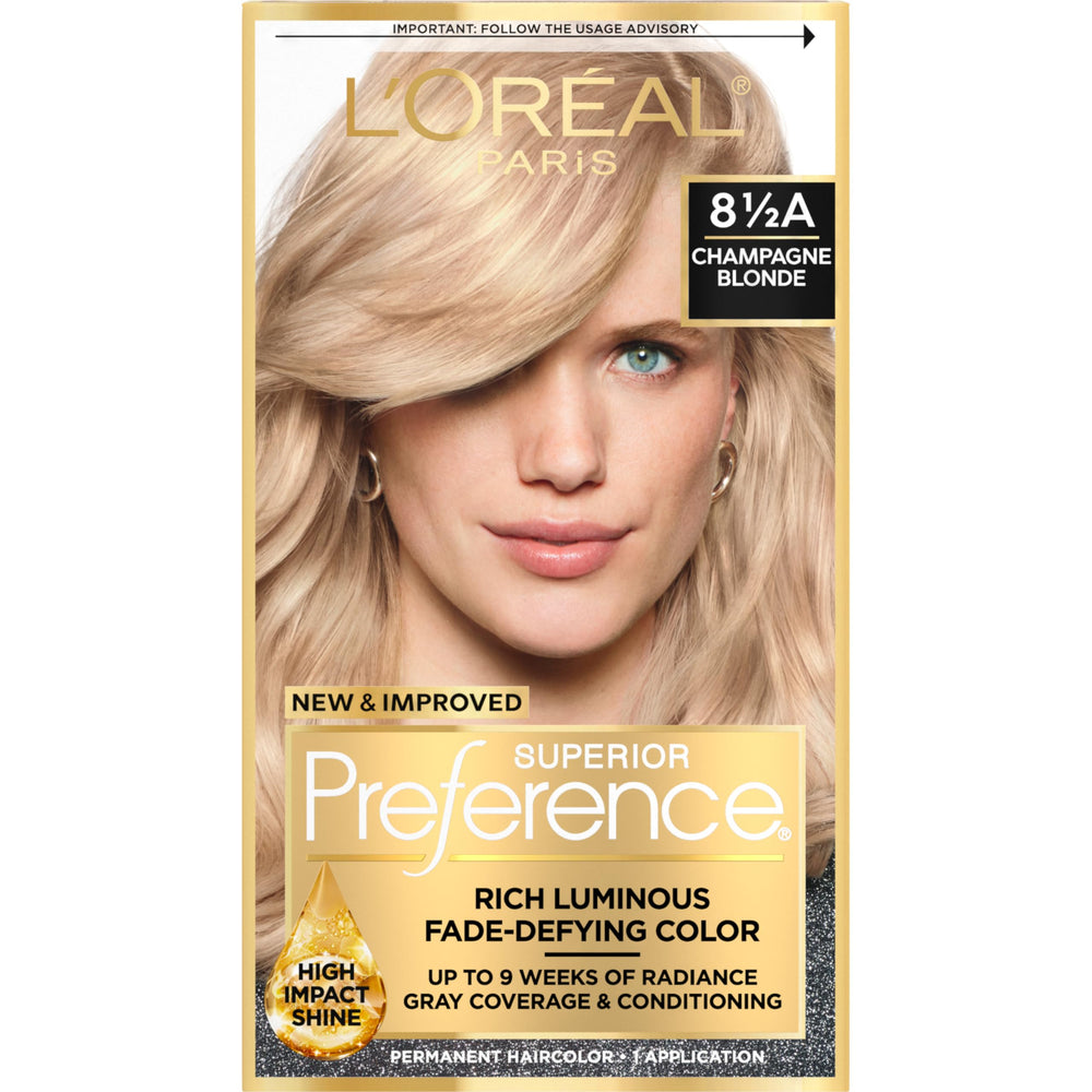 L'Oreal Paris Superior Preference Champagne Blonde 8.5A box shown for fade-defying color