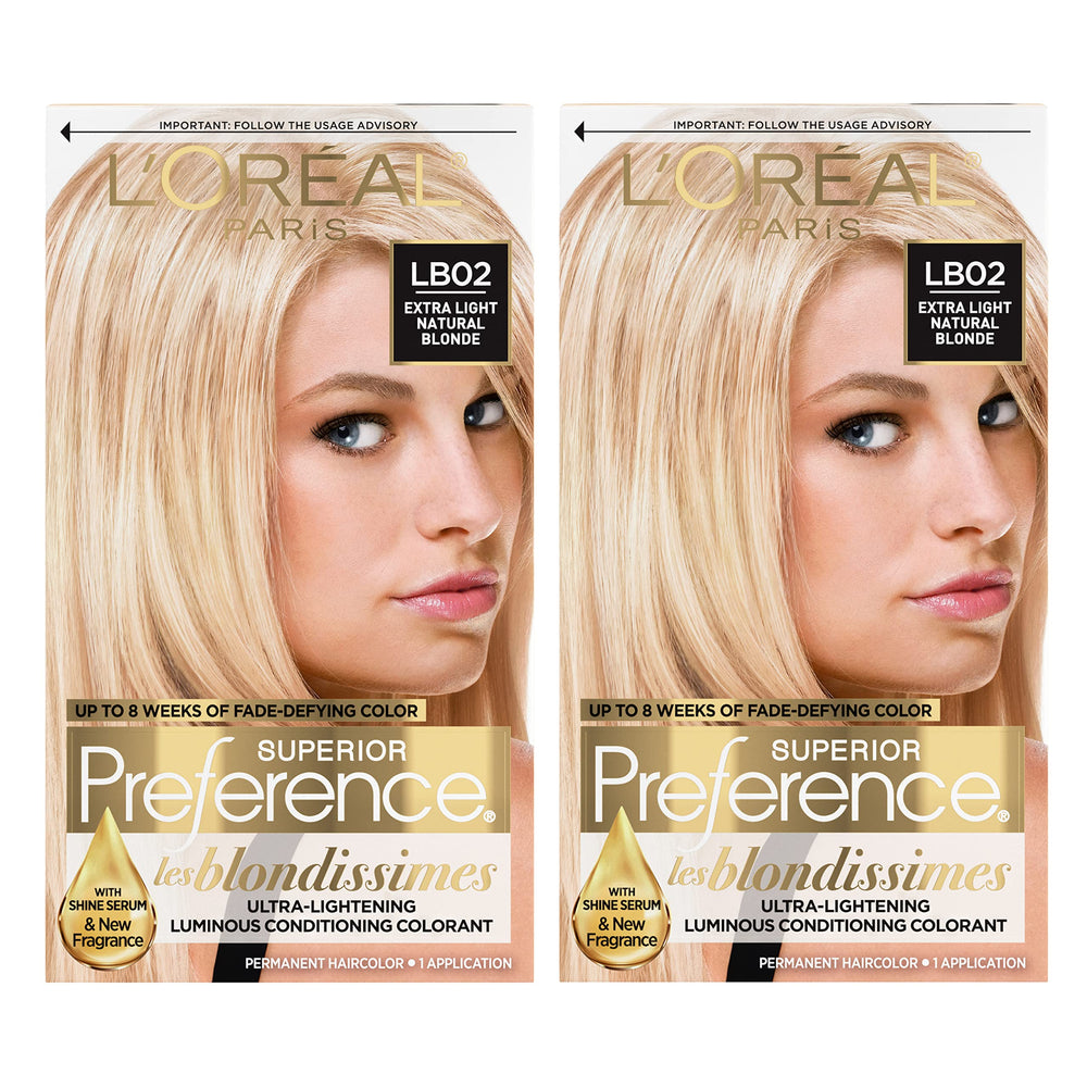 L'Oréal Paris Superior Preference extra-light natural blonde box showcasing the at-home color kit and shine promise.