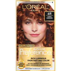 L'Oreal Paris Superior Preference Light Auburn 6R bottle shows vibrant color preparation