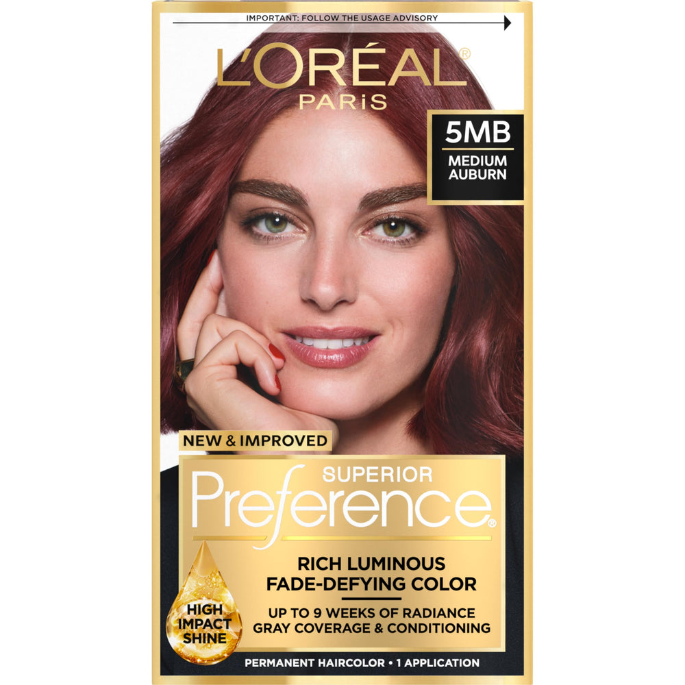 L'Oreal Paris Superior Preference medium auburn shade bottle with fade-defying shine.