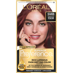 L'Oreal Paris Superior Preference medium auburn shade bottle with fade-defying shine.