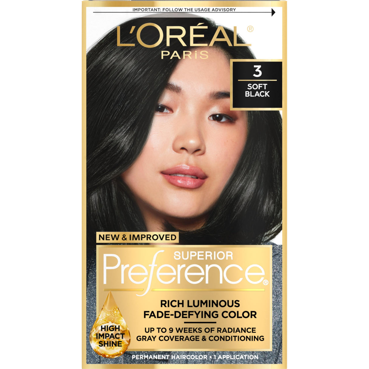 L’Oréal Paris Superior Preference Soft Black 3 color gel delivering fade-defying radiance.