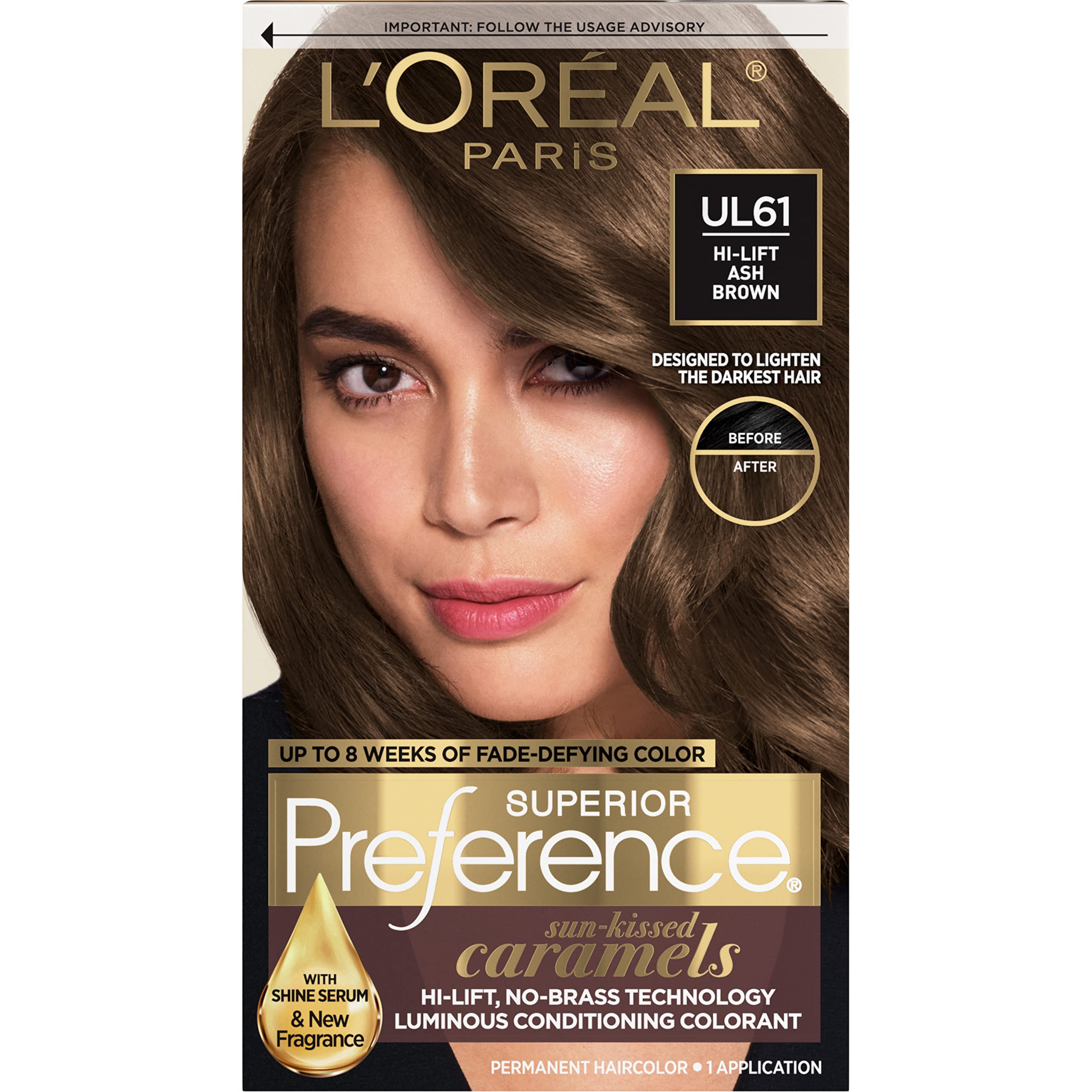 L'Oreal Paris Superior Preference UL61 Ultra Light Ash Brown bottle for fade-defying color.