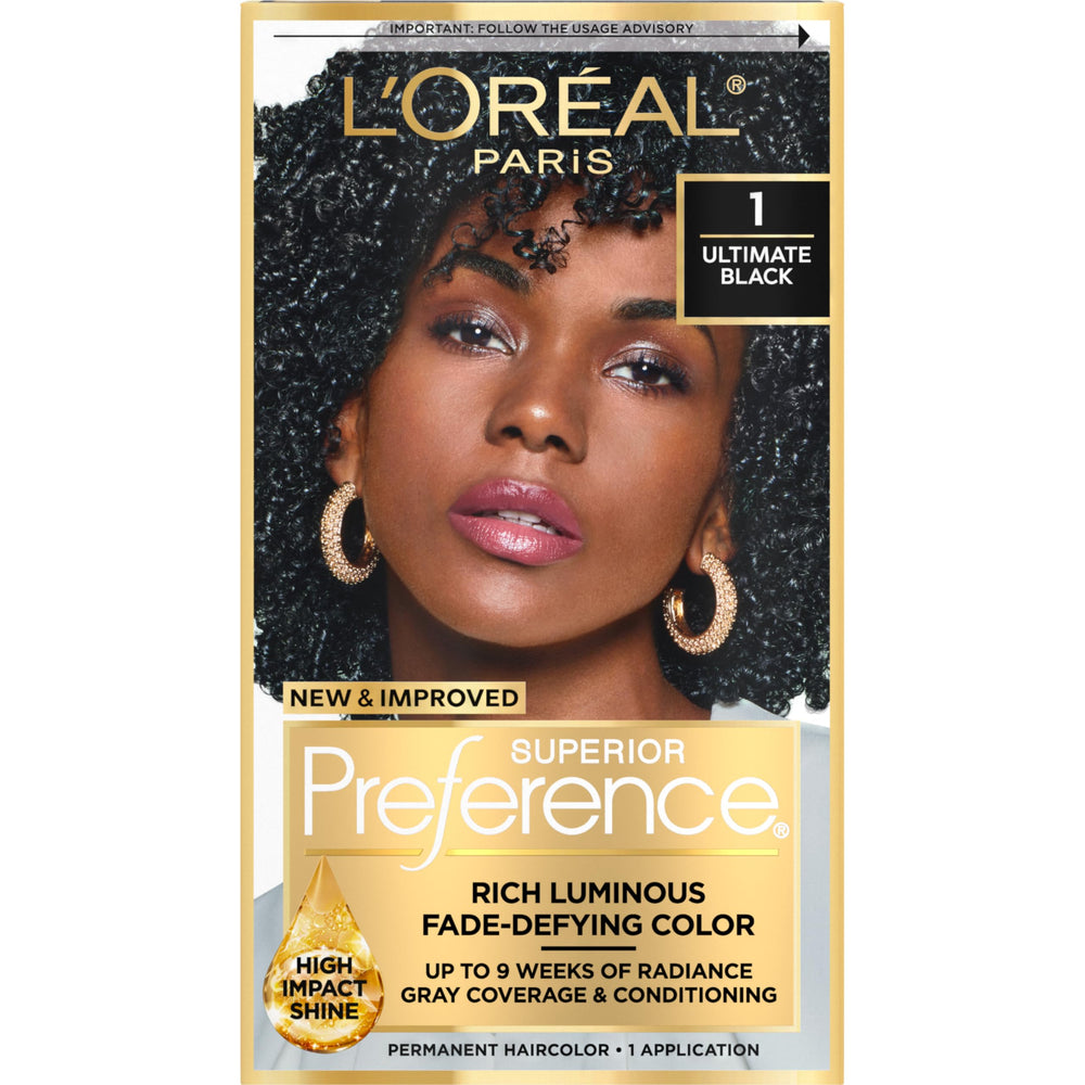 L'Oreal Paris Superior Preference Ultimate Black 1 color gel for precise, long-lasting shade.