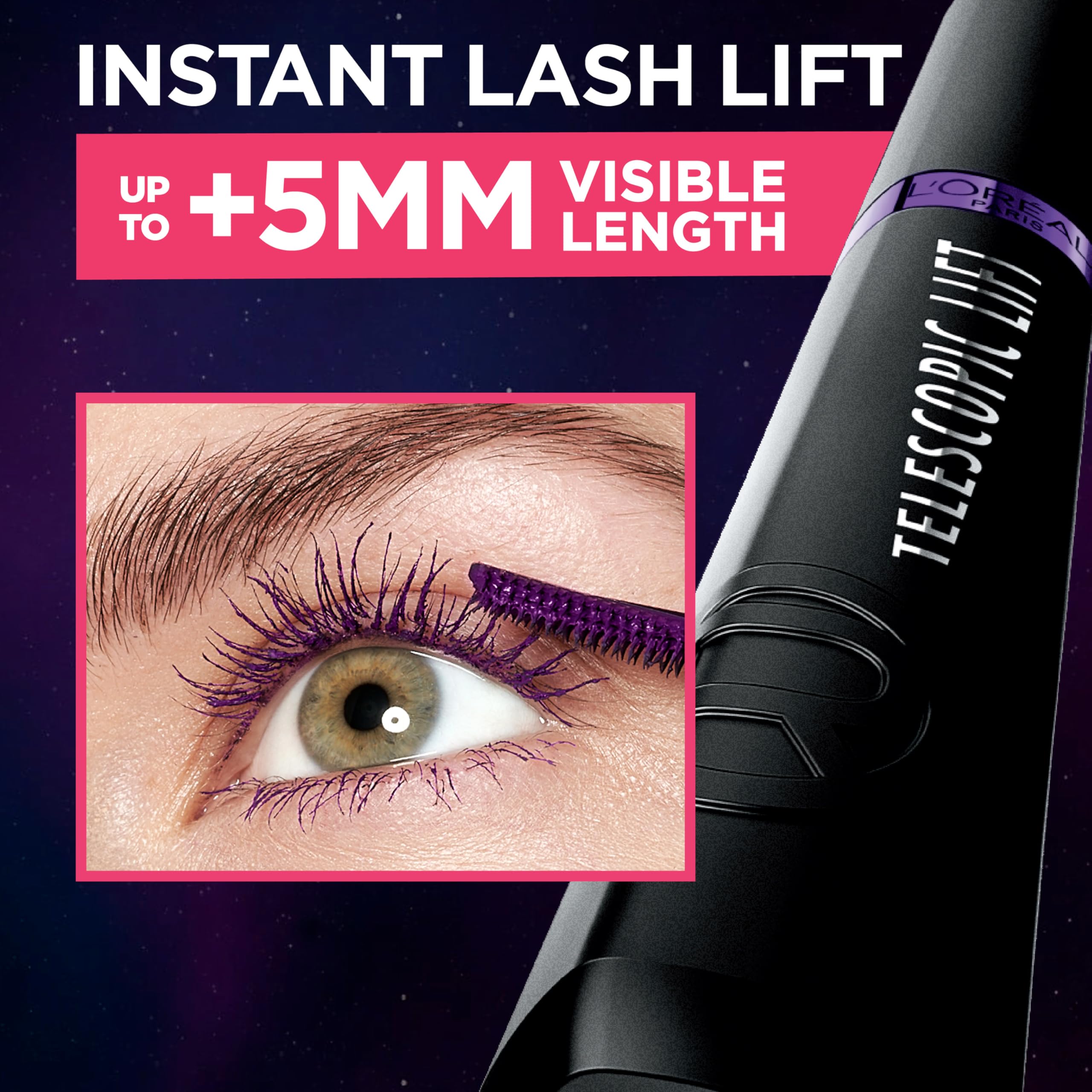 Máscara L'Oreal Paris Telescopic Lift tono Púrpura Galáctico para volumen intenso