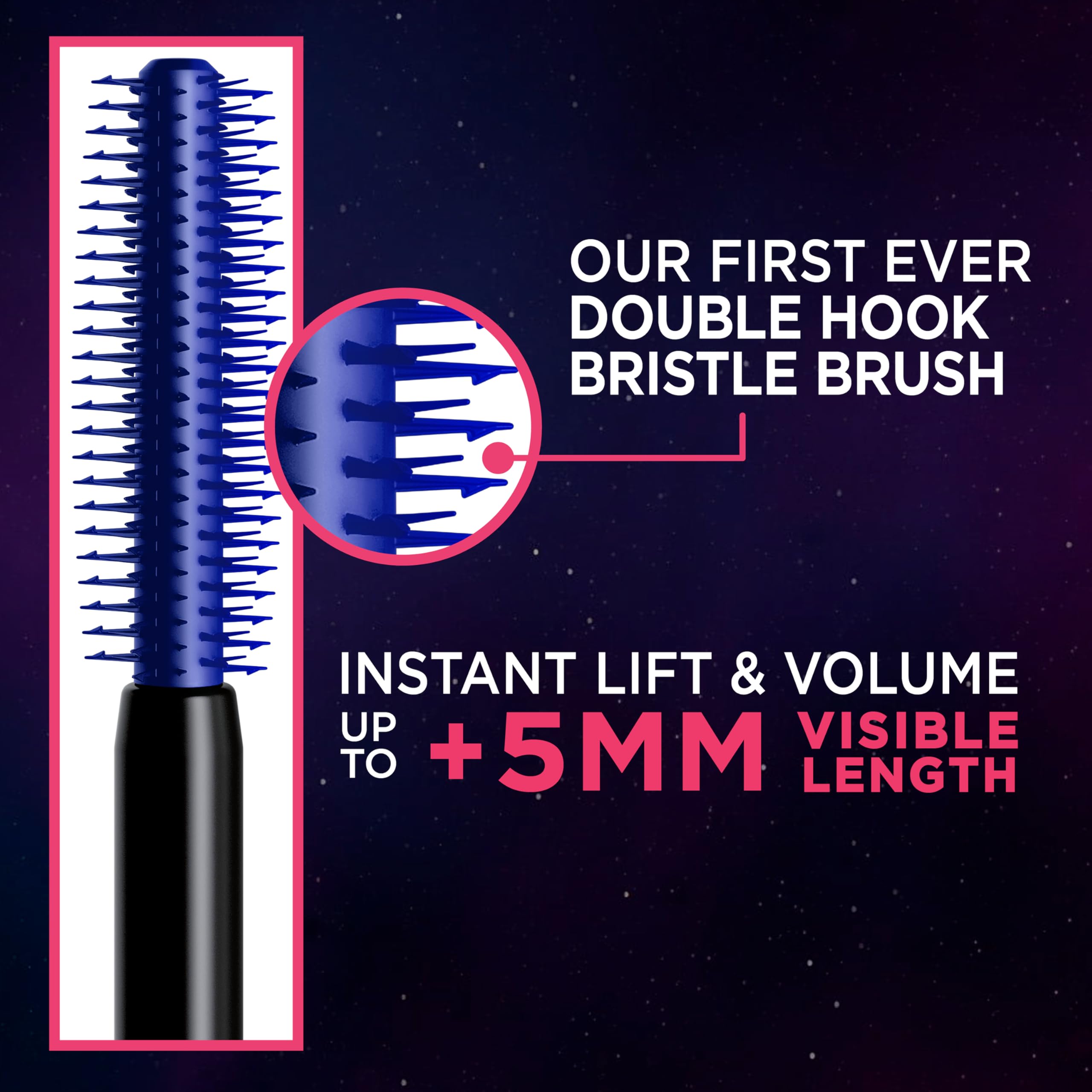 Dual-hook bristle brush loads and lifts every lash for volume.
