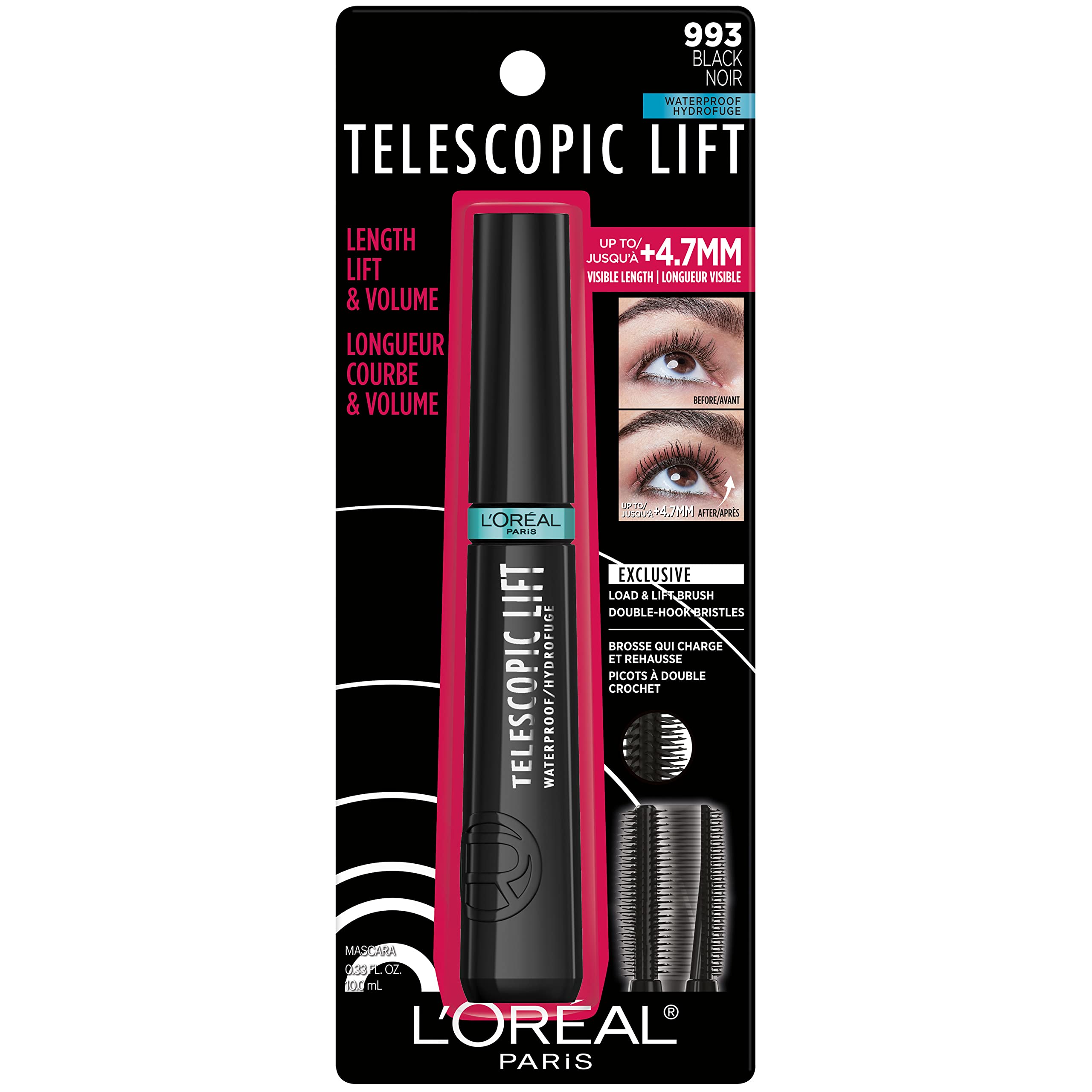 L’Oréal Paris Telescopic Lift Cepillo de doble gancho captura cada pestaña para mayor longitud.