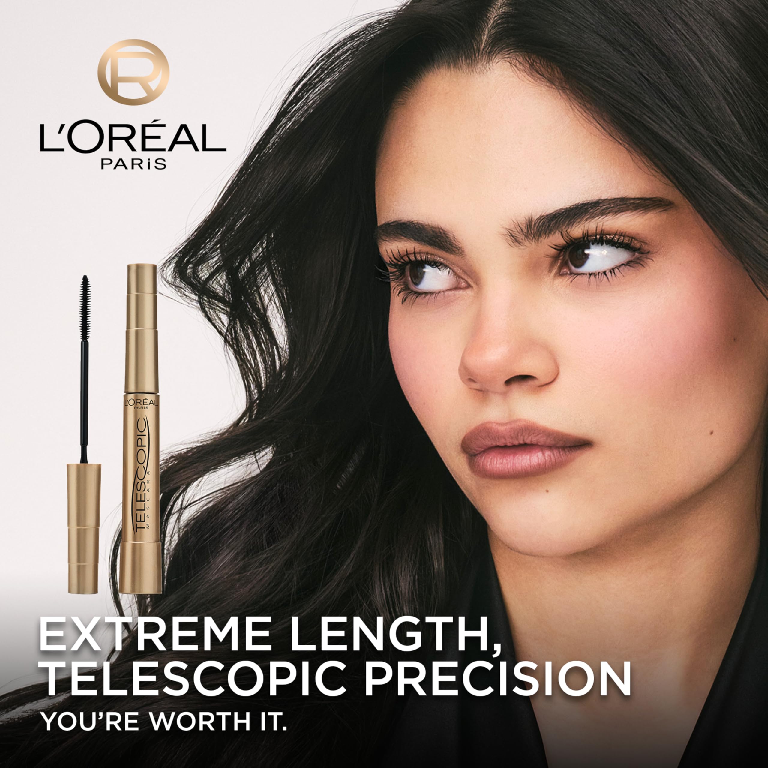 L'Oreal Paris Telescopic Mascara brush demonstrates precise lengthening on lashes.