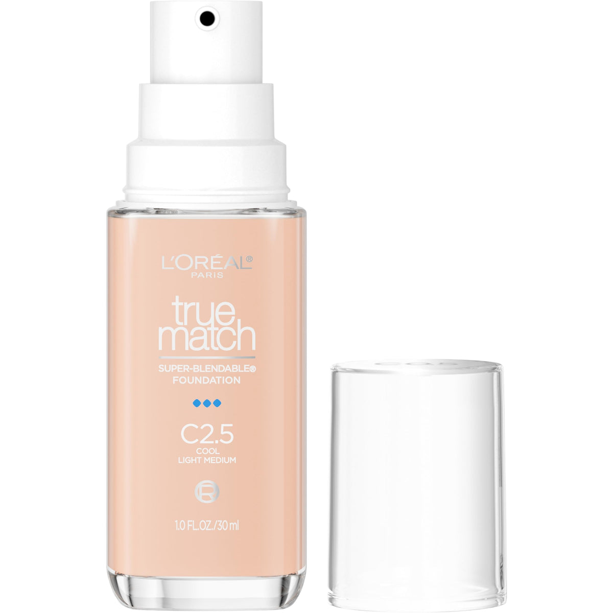 Frasco con bomba de L’Oréal Paris True Match, dosificación precisa para acabado natural.