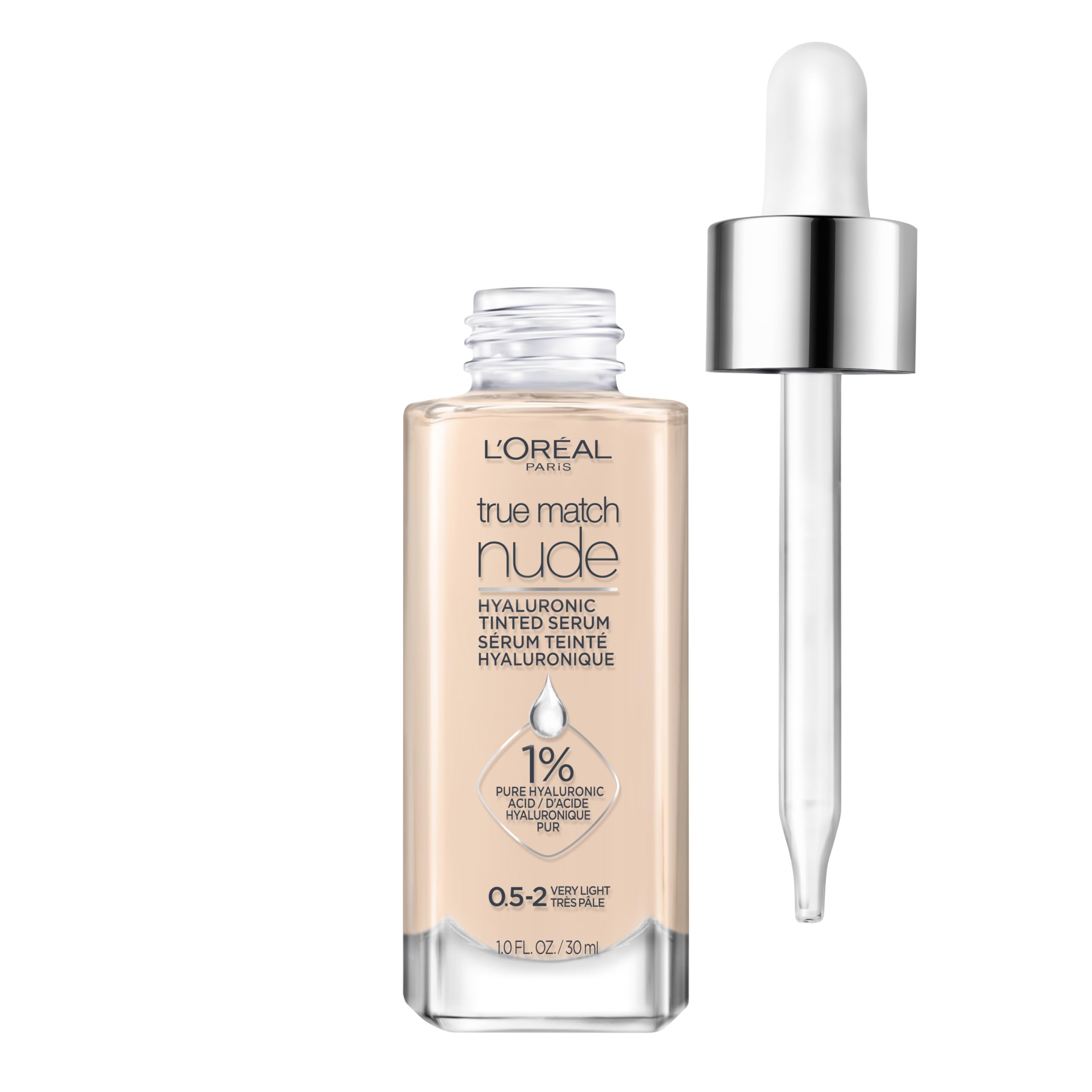 L'Oreal Paris True Match Nude Hyaluronic Serum en botella, hidratación suave y piel radiante.