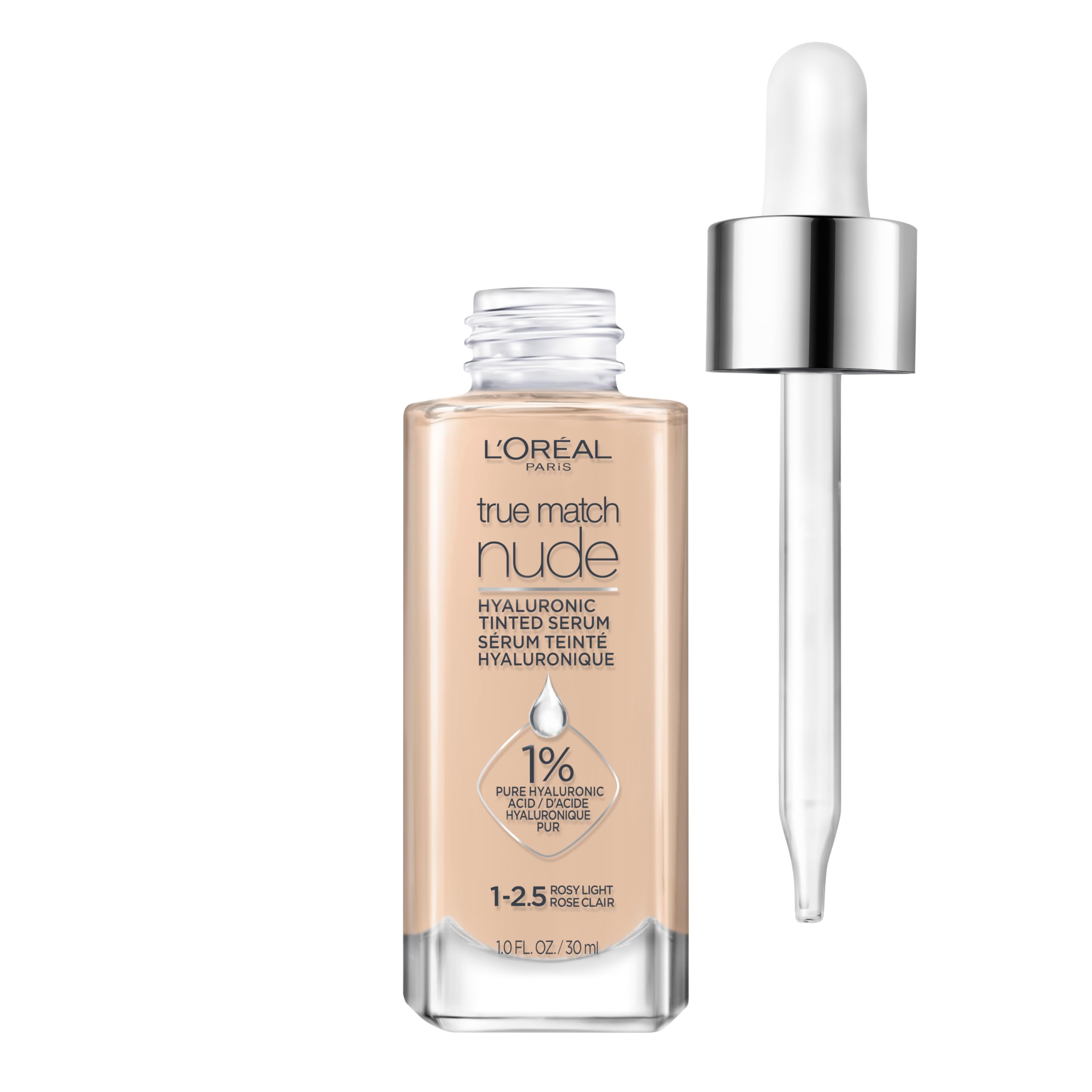 L’Oréal Paris True Match Nude Sérum Hialurónico, botella, hidratación ligera y acabado radiante.