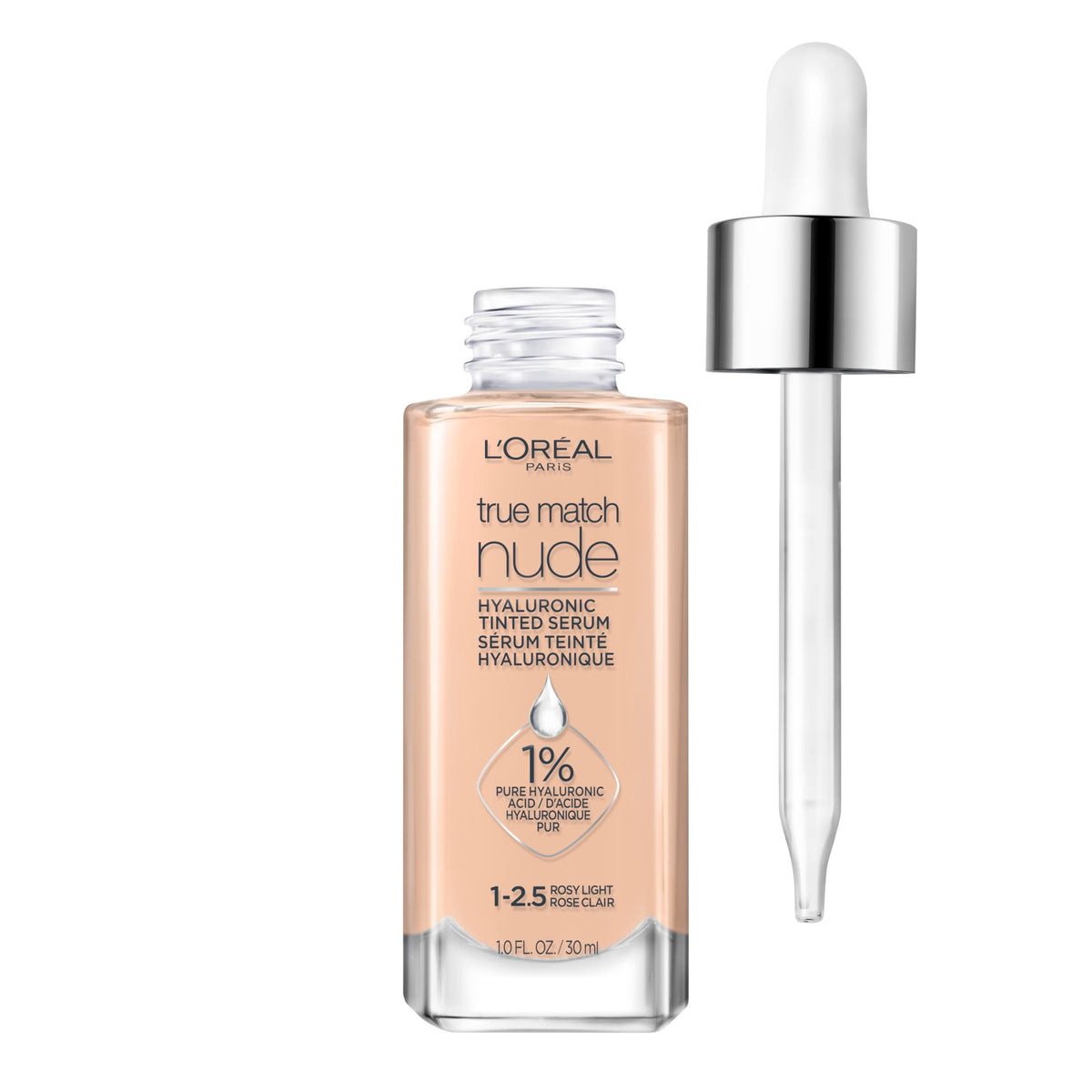 L’Oréal Paris True Match Nude Sérum Hialurónico, botella, hidratación ligera y acabado radiante.