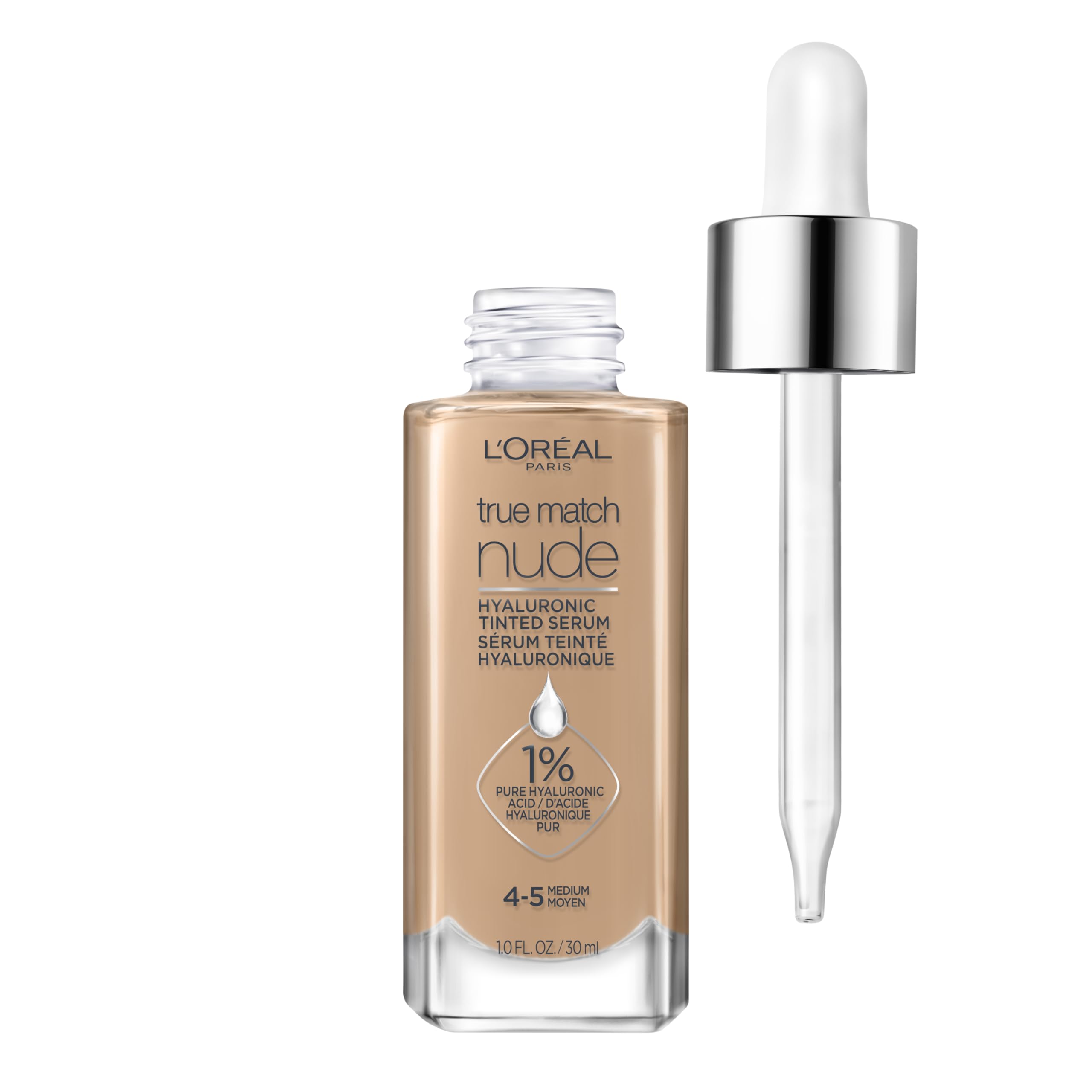 L’Oréal Paris True Match Nude Hyaluronic en botella con acabado radiante e hidratante.