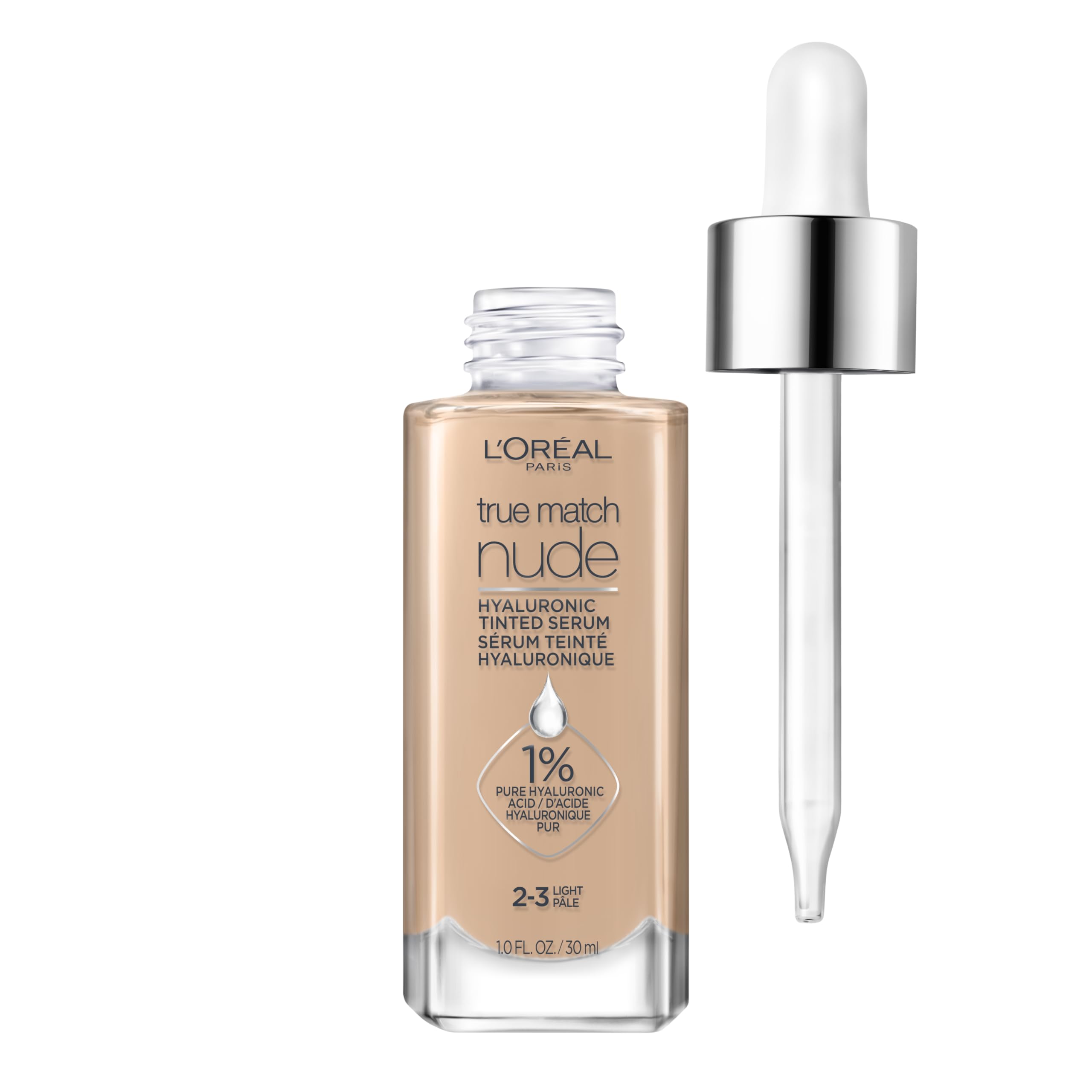 L'Oreal Paris True Match Nude Hyaluronic Serum: botella con hidratación ligera y brillo natural.