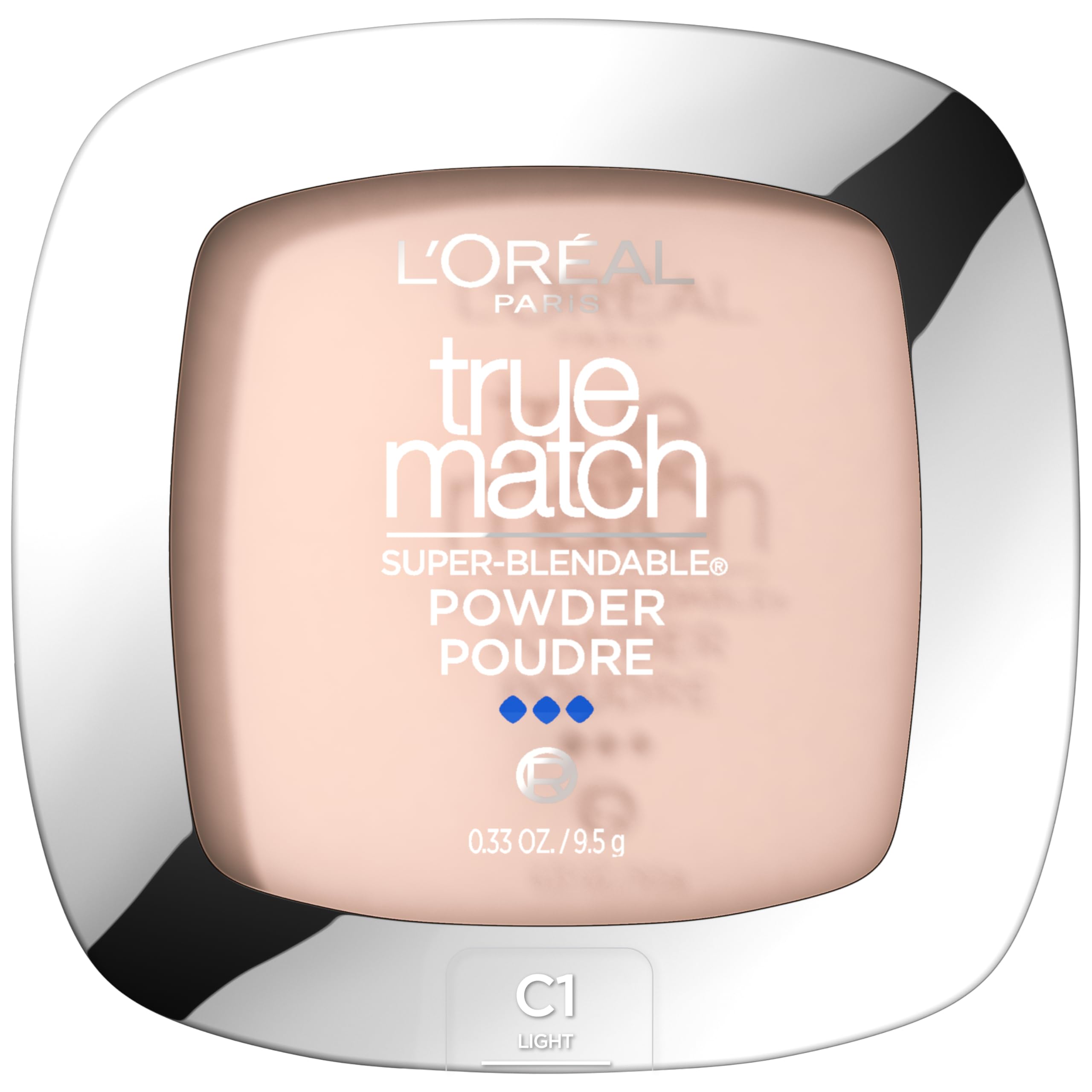 L'Oreal Paris True Match Powder compact close-up swatches for seamless shade match.