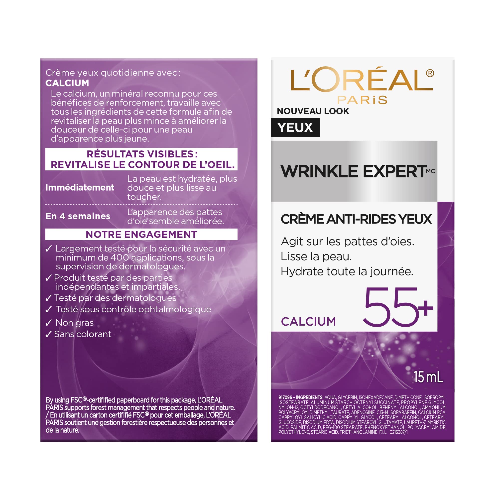 L'Oreal Paris Wrinkle Expert 55+ crema de ojos, caja frontal y presencia de producto.