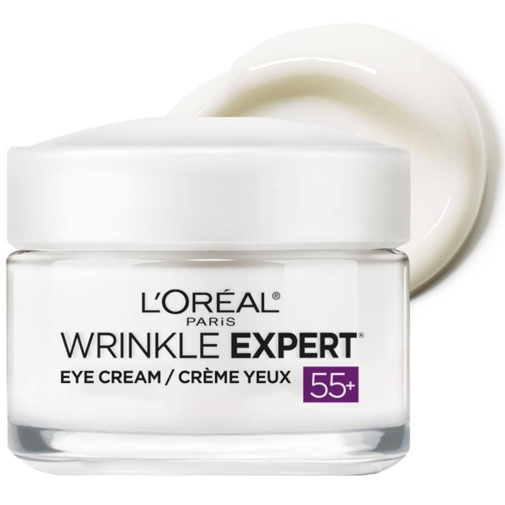 L'Oreal Paris Wrinkle Expert 55+ crema de ojos, empaque visible para uso diario, beneficio de cuidado continuo.