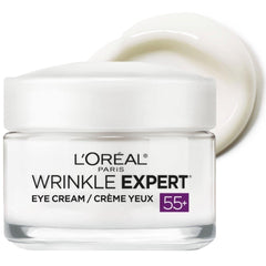 L'Oreal Paris Wrinkle Expert 55+ crema de ojos, empaque visible para uso diario, beneficio de cuidado continuo.
