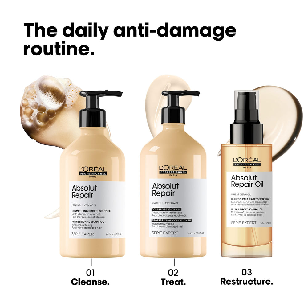 L'Oréal Professionnel Paris Absolut Repair Shampoo helps repair surface damage.