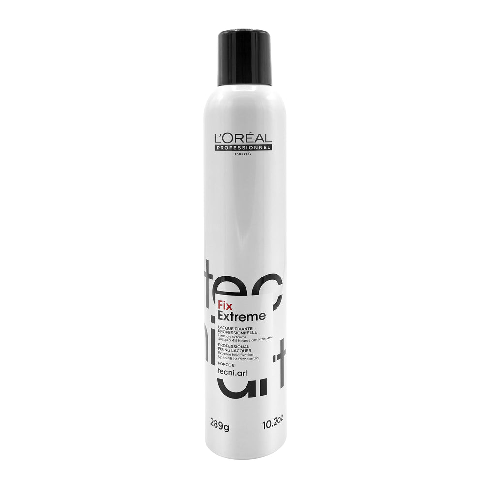 L’Oréal Professionnel Paris Fix Extreme Lacquer bottle provides strong hold and high shine.