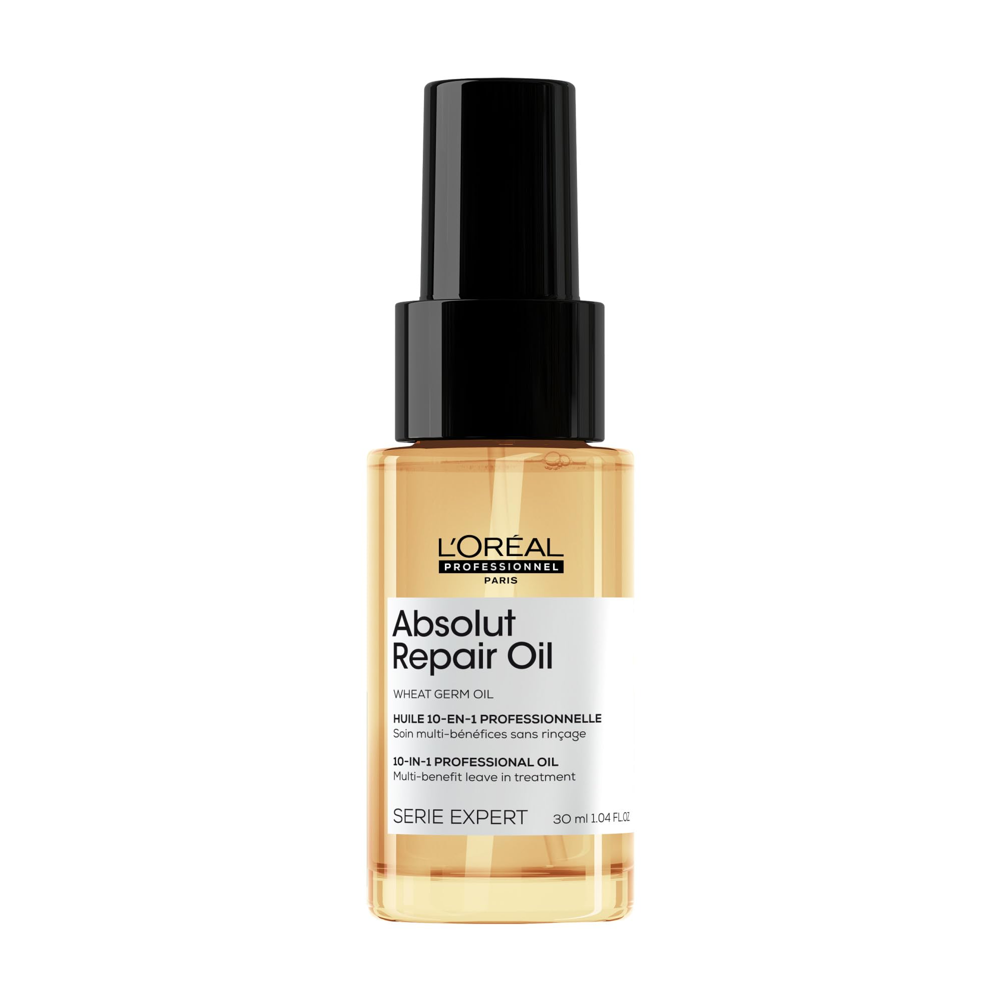 L'Oréal Professionnel Paris Absolut Repair 10-in-1 oil bottle highlights nourishment for hair.