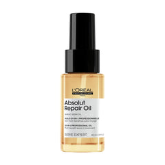 L'Oréal Professionnel Paris Absolut Repair 10-in-1 oil bottle highlights nourishment for hair.