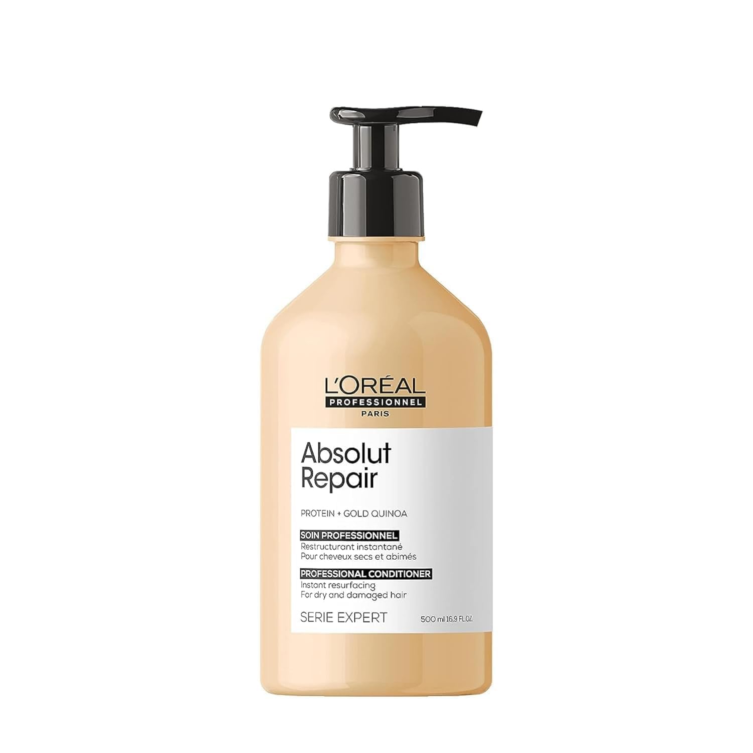 L’Oréal Professionnel Paris Absolut Repair bottle on white background, instant hydration.