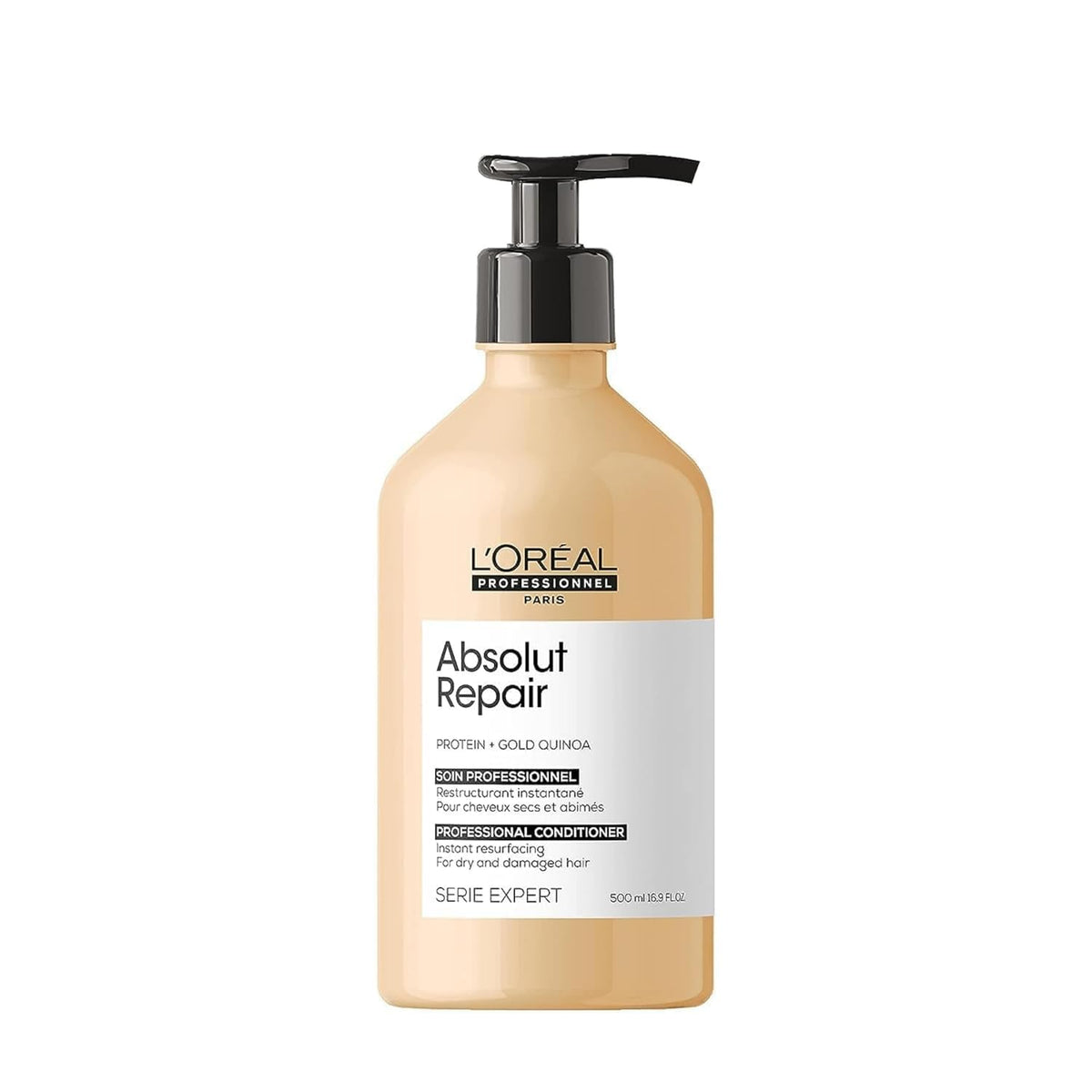 L’Oréal Professionnel Paris Absolut Repair bottle on white background, instant hydration.