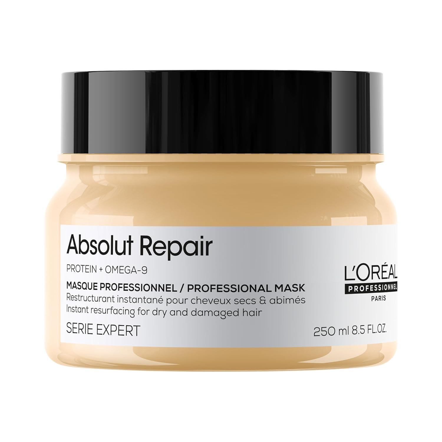 L'Oréal Professionnel Paris Absolut Repair Mask bottle pour provides lightweight hydration for dry hair.