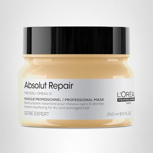 L'Oréal Professionnel Paris Absolut Repair Mask paired with shampoo demonstrates system benefits.