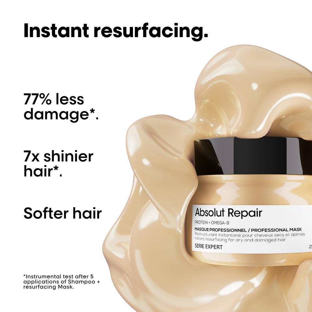 L'Oréal Professionnel Paris Absolut Repair Mask texture closeup shows creamy, protein-rich conditioning.