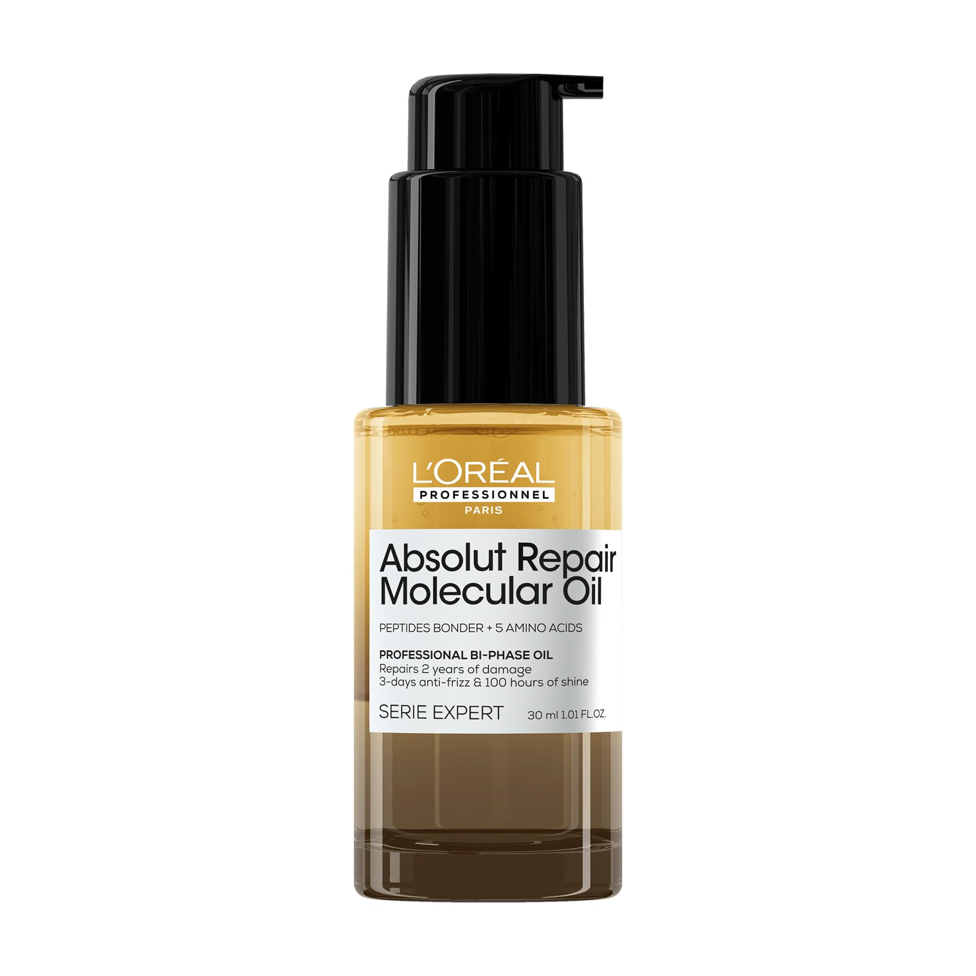 L’Oréal Professionnel Paris Absolut Repair Bi-phase Oil bottle offers lightweight shine and frizz control.