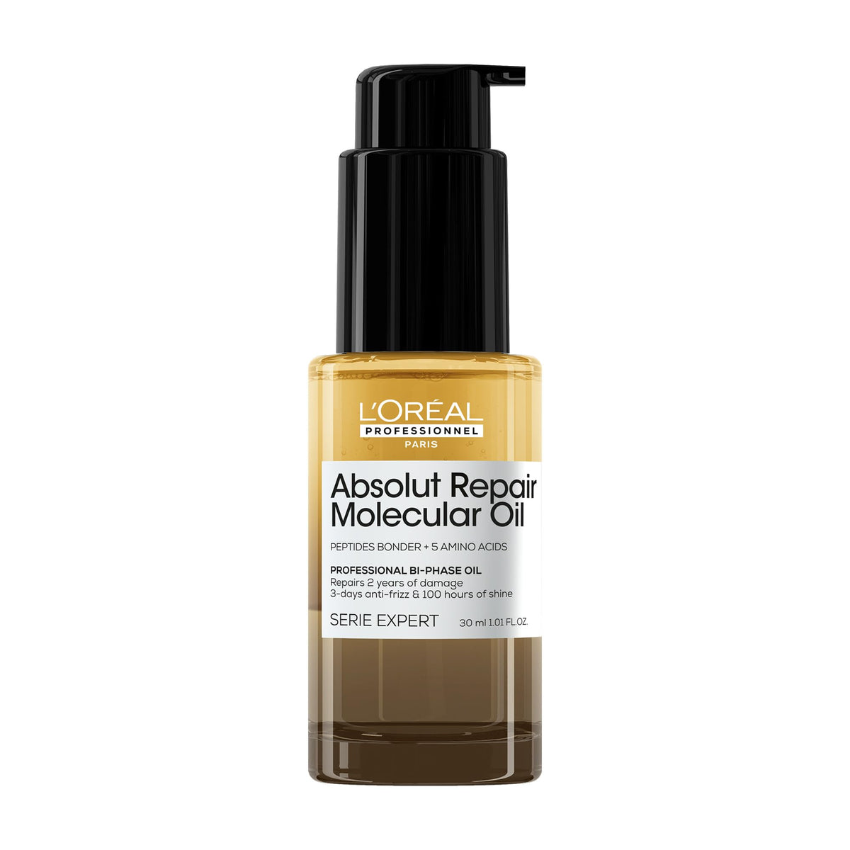 L’Oréal Professionnel Paris Absolut Repair Bi-phase Oil bottle offers lightweight shine and frizz control.