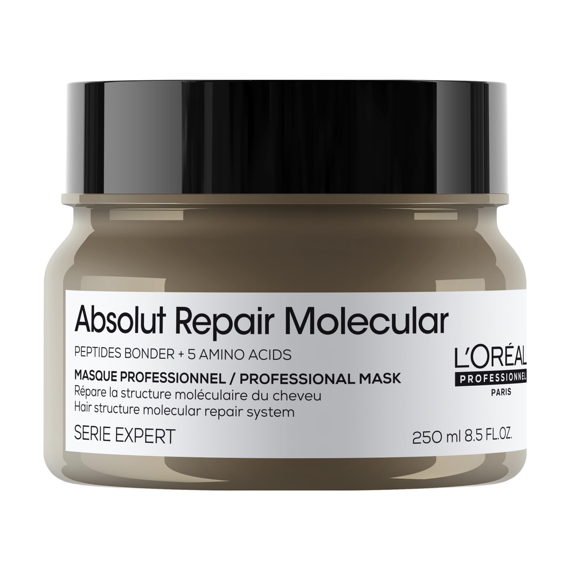 L’Oréal Professionnel Paris Absolut Repair Molecular Mask bottle closeup for deep hydration.