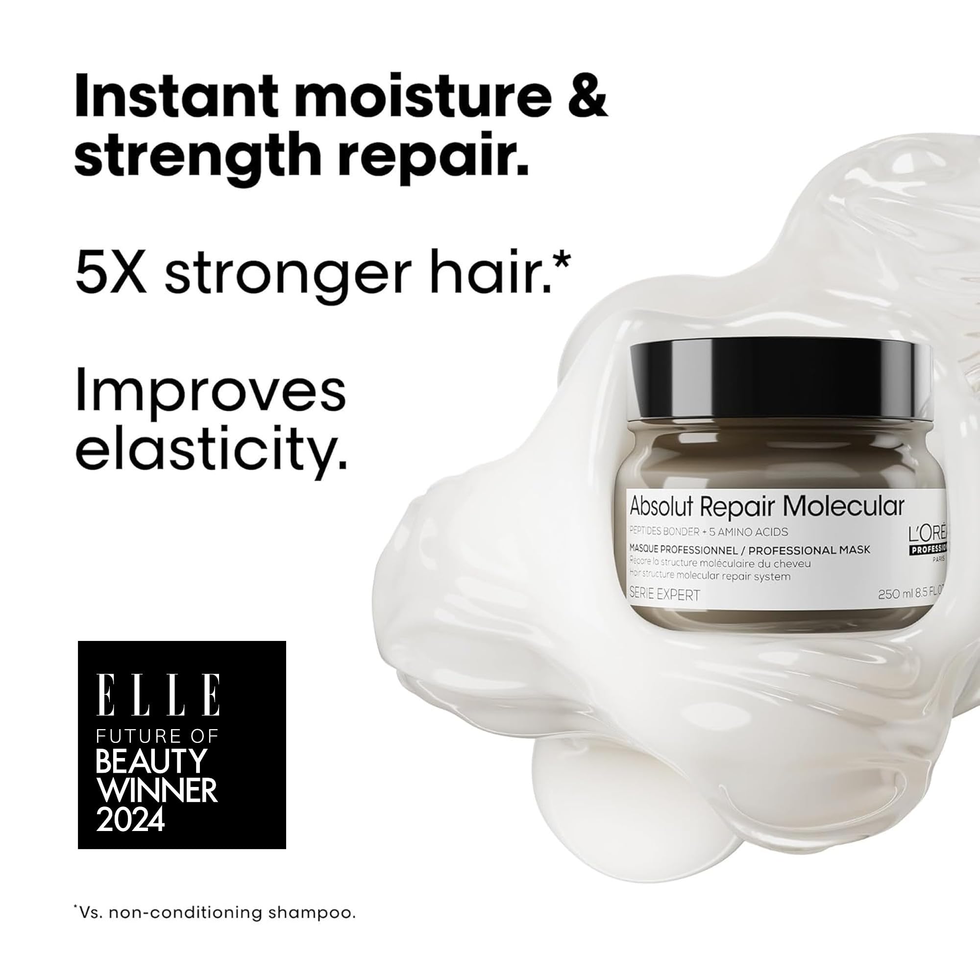 L’Oréal Professionnel Paris Absolut Repair Molecular Mask packaging emphasizes premium, color-safe care.