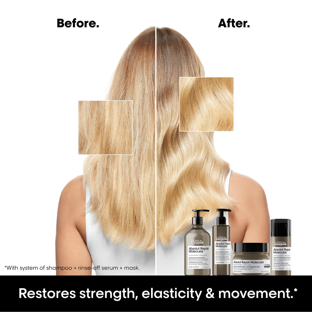 L'Oréal Professionnel Paris Absolut Repair serum pump shown for even distribution through hair.