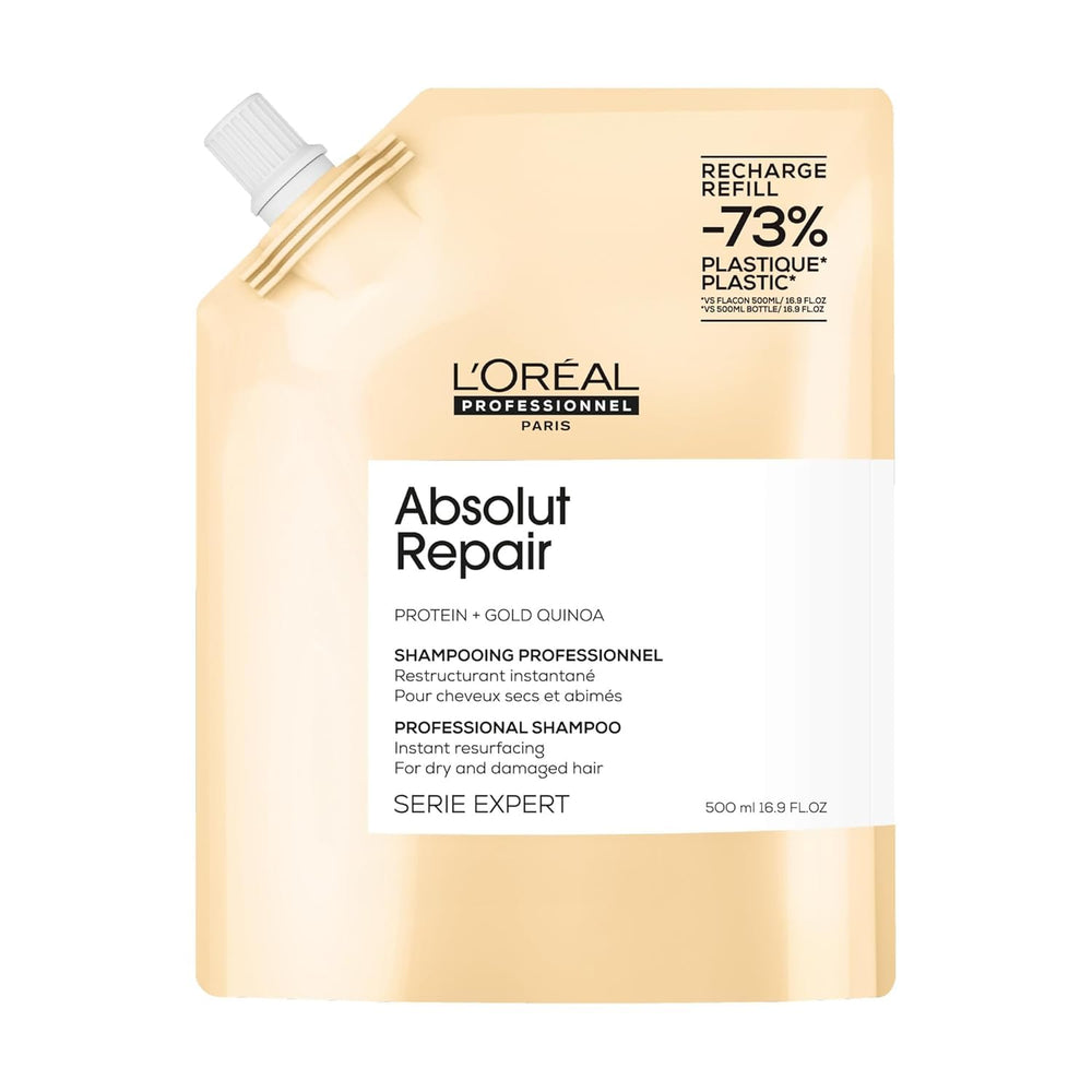 L’Oréal Professionnel Paris Absolut Repair shampoo bottle shows nourishing formula for damaged hair.
