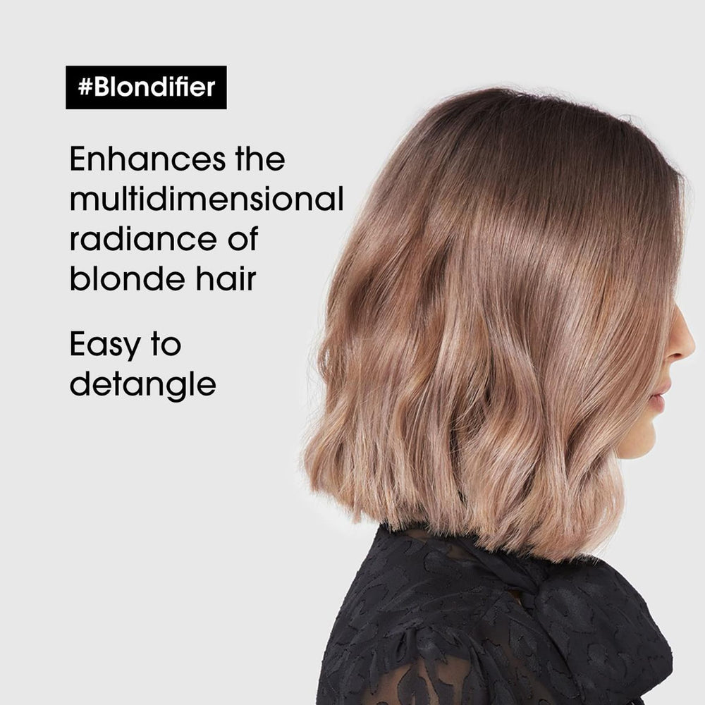 L'Oréal Professionnel Blondifier Conditioner application showing smoothing and radiance.