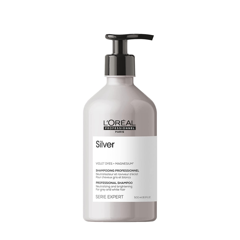 L'Oréal Professionnel Paris purple shampoo bottle with violet pigments neutralizing yellow tones.