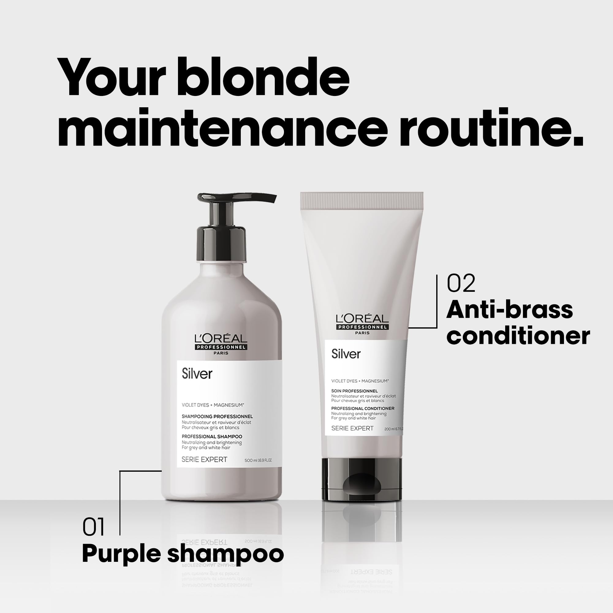 Bottle shown for daily use with L'Oréal Professionnel Paris purple shampoo.