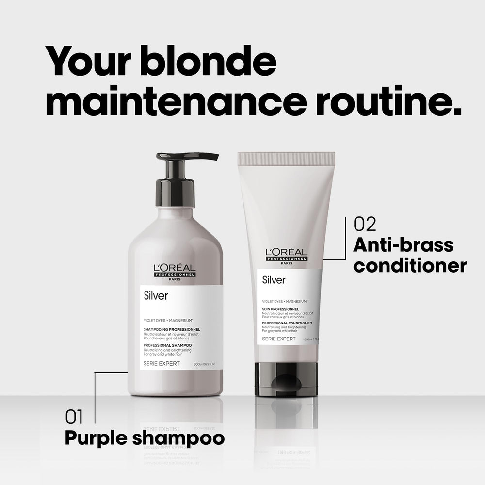 Bottle shown for daily use with L'Oréal Professionnel Paris purple shampoo.