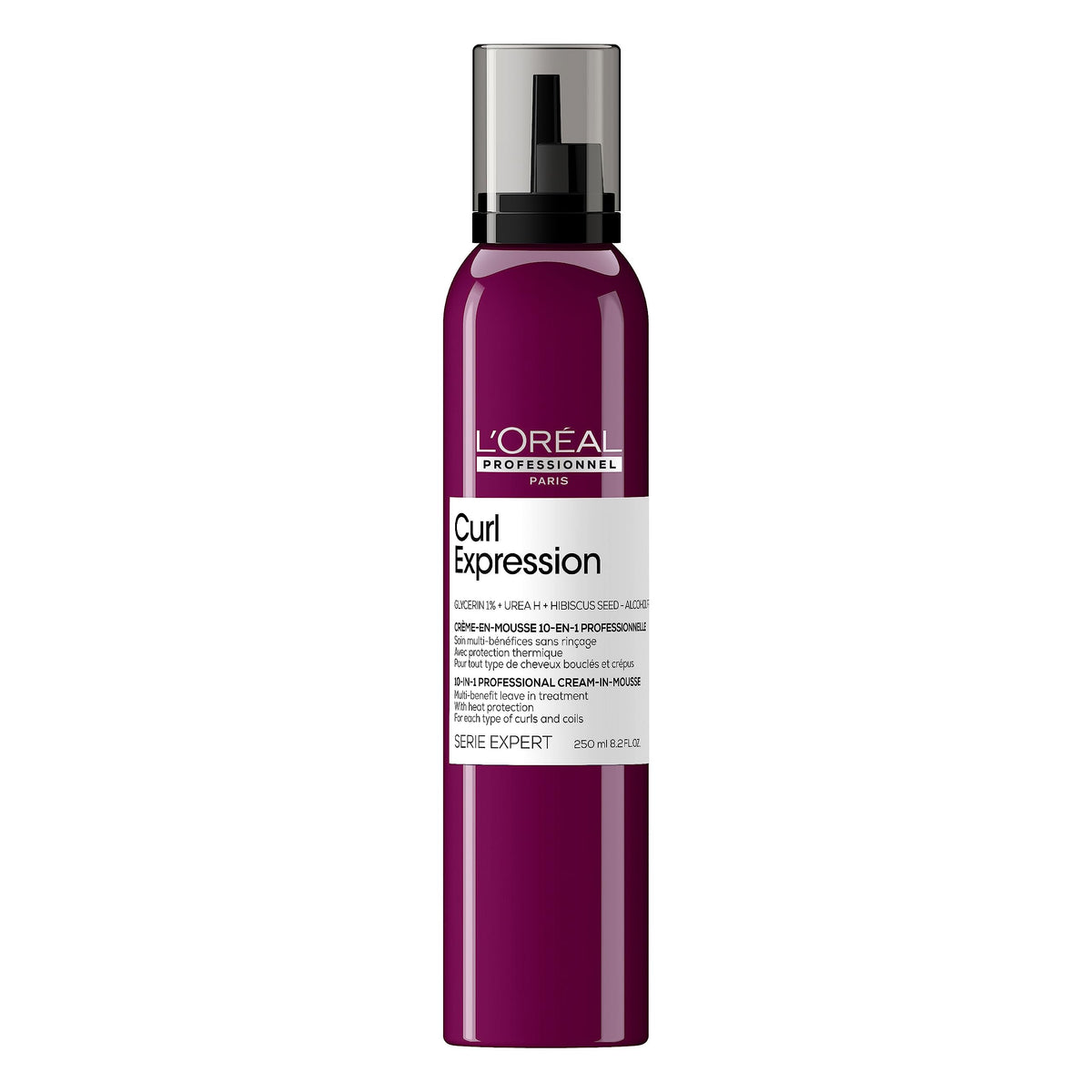 L’Oréal Professionnel Paris Curl Expression 10-in-1 Mousse bottle promotes defined curls with lightweight feel.